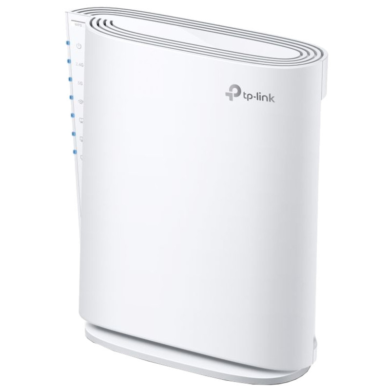 TP-Link RE900XD Repetidor Wi-Fi AX6000 branco, design vertical elegante, LEDs laterais de status, corpo curvo com acabamento fosco e base estável - Item