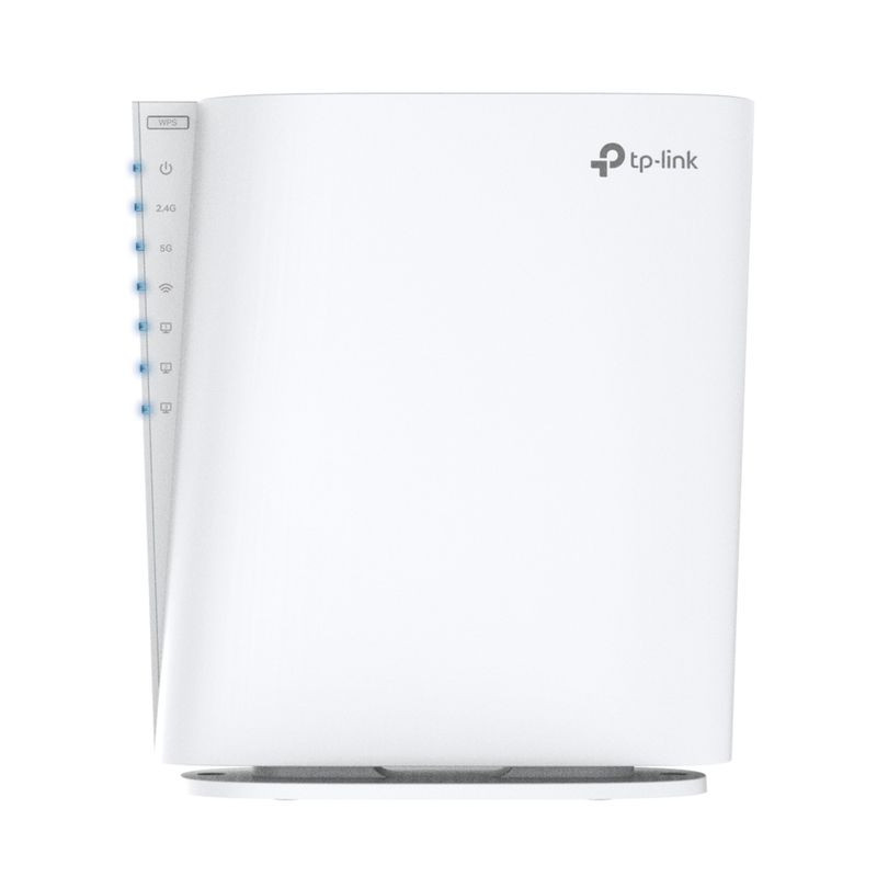 TP-Link RE900XD Repetidor Wi-Fi AX6000 branco, design vertical elegante, LEDs laterais de status, corpo curvo com acabamento fosco e base estável - Item1