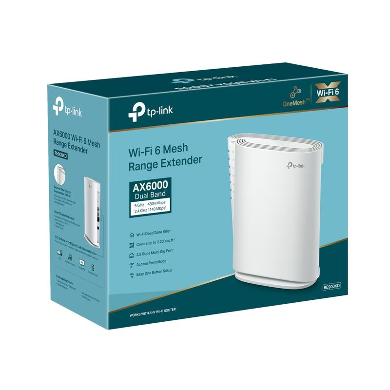 TP-Link RE900XD Repetidor Wi-Fi AX6000 branco, design vertical elegante, LEDs laterais de status, corpo curvo com acabamento fosco e base estável - Item6