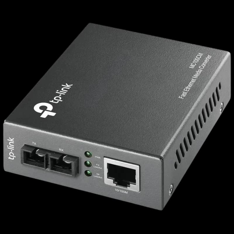 TP-Link MC100CM conversor multimodo 10/100 Mbps em caixa metálica cinza, porta RJ45, duas portas fibra SC, LEDs de status e ventilação lateral