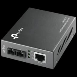 TP-Link MC100CM conversor multimodo 10/100 Mbps em caixa metálica cinza, porta RJ45, duas portas fibra SC, LEDs de status e ventilação lateral