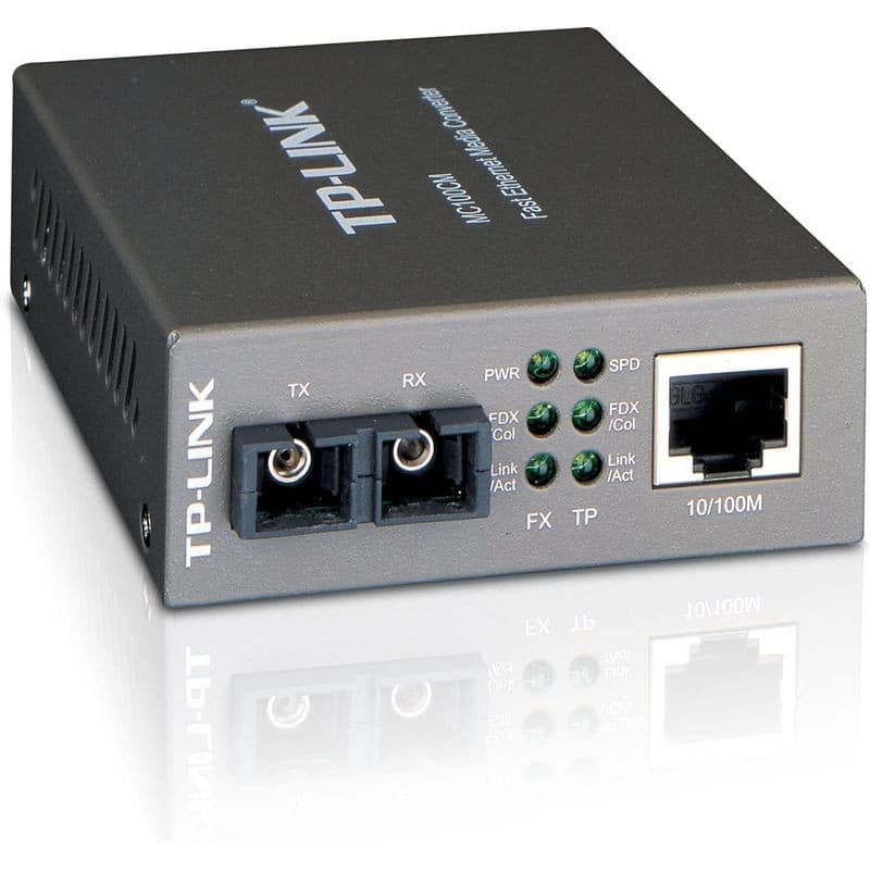 TP-Link MC100CM conversor multimodo 10/100 Mbps em caixa cinza, porta RJ45 10/100M, duas portas fibra FX TX e RX, LEDs de status PWR, SPD e Link/Act