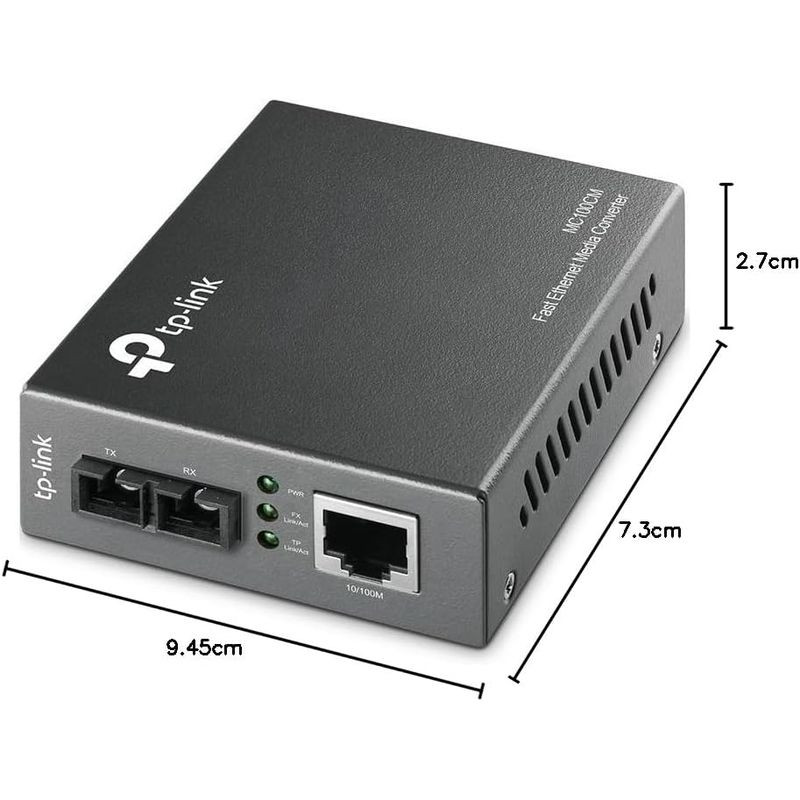 TP-Link MC100CM convertidor de medios multimodo: carcasa metálica gris, puerto RJ45 10/100, dos puertos fibra SC, LEDs de estado, ranuras de ventilación - Ítem2