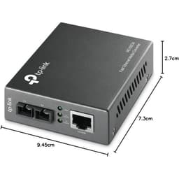 TP-Link MC100CM conversor multimodo 10/100 Mbps, caixa metálica compacta 9,45x7,3x2,7 cm, portas SC para fibra, porta RJ45, LEDs de status, grelhas laterais
