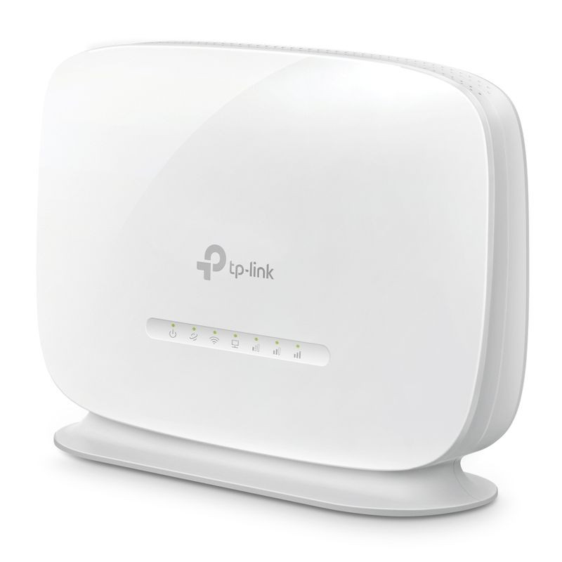 Router TP-Link TL-MR105 blanco, diseño compacto con base curva y LEDs frontales de estado para encendido, WiFi, señal, LAN y 4G LTE, acabado mate elegante - Ítem1