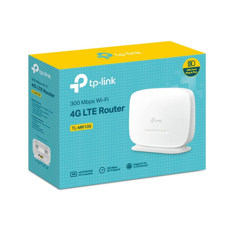 Router TP-Link TL-MR105 blanco, diseño compacto con base curva y LEDs frontales de estado para encendido, WiFi, señal, LAN y 4G LTE, acabado mate elegante - Ítem6