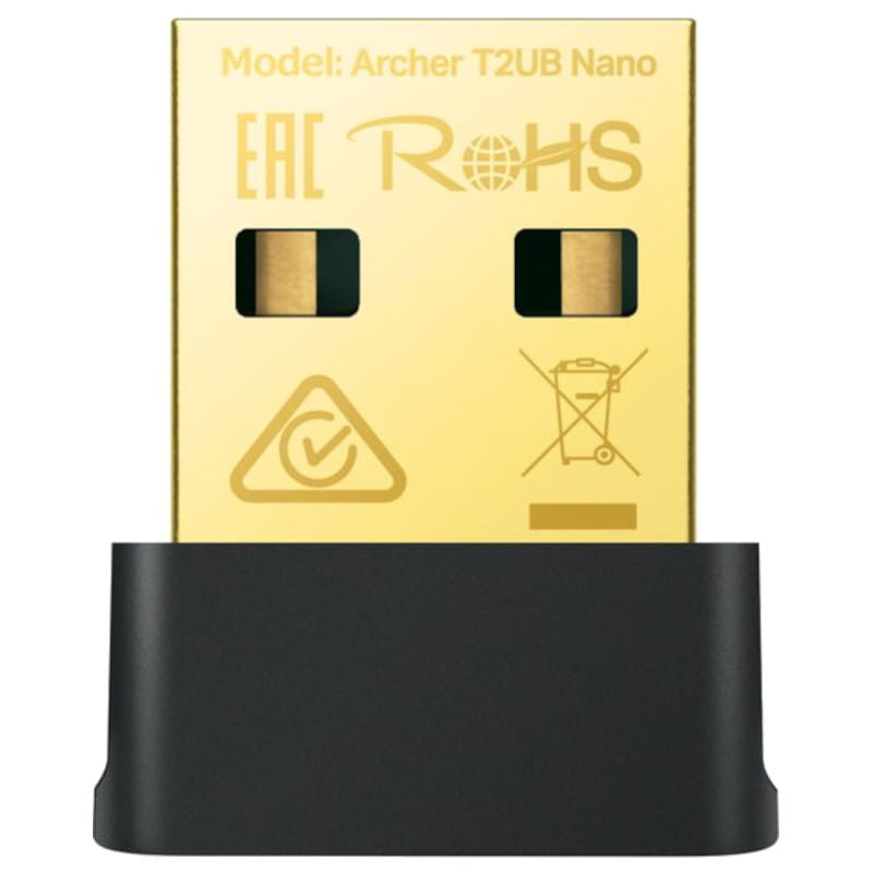 TP-Link Archer T2UB Nano Adaptateur USB compact doré avec capuchon noir, marquages EAC et RoHS visibles, format nano discret pour port USB - Ítem