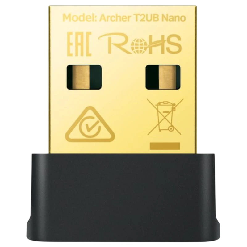 TP-Link Archer T2UB Nano - Adaptador USB compacto con conector dorado, cuerpo negro y certificaciones EAC y RoHS en la carcasa frontal - Ítem