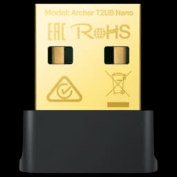 TP-Link Archer T2UB Nano – Adaptador USB compacto com conector dourado, formato mini, corpo preto, logos EAC e RoHS visíveis na face frontal