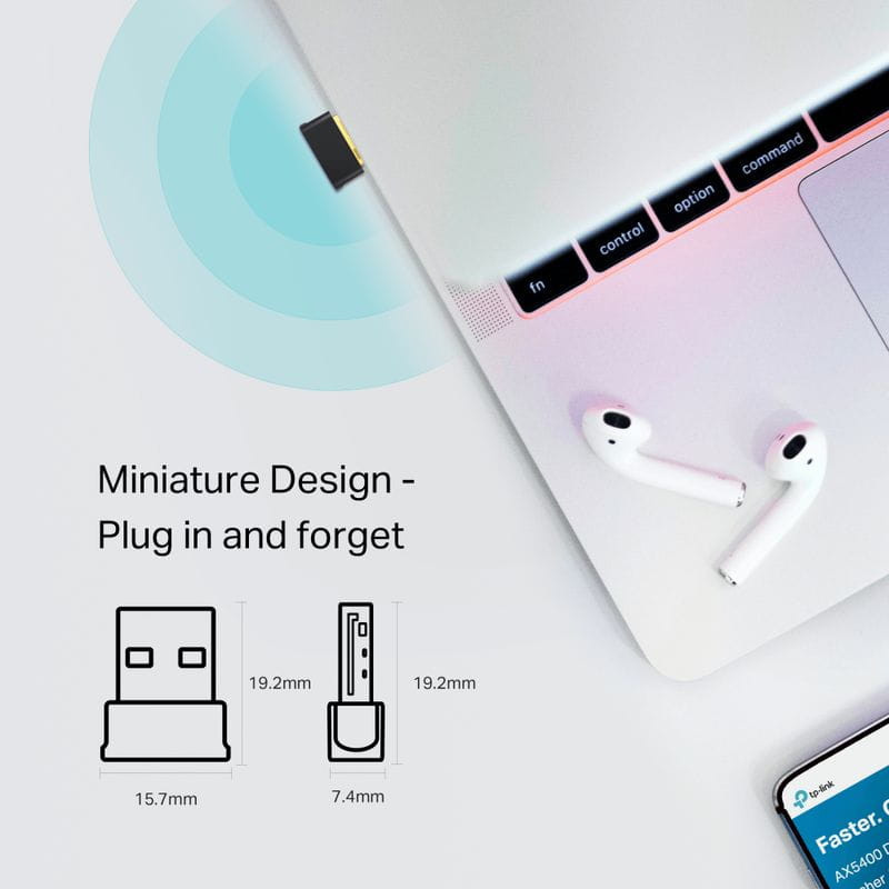 TP-Link Archer T2UB Nano Adaptateur USB compact doré avec capuchon noir, marquages EAC et RoHS visibles, format nano discret pour port USB - Ítem3