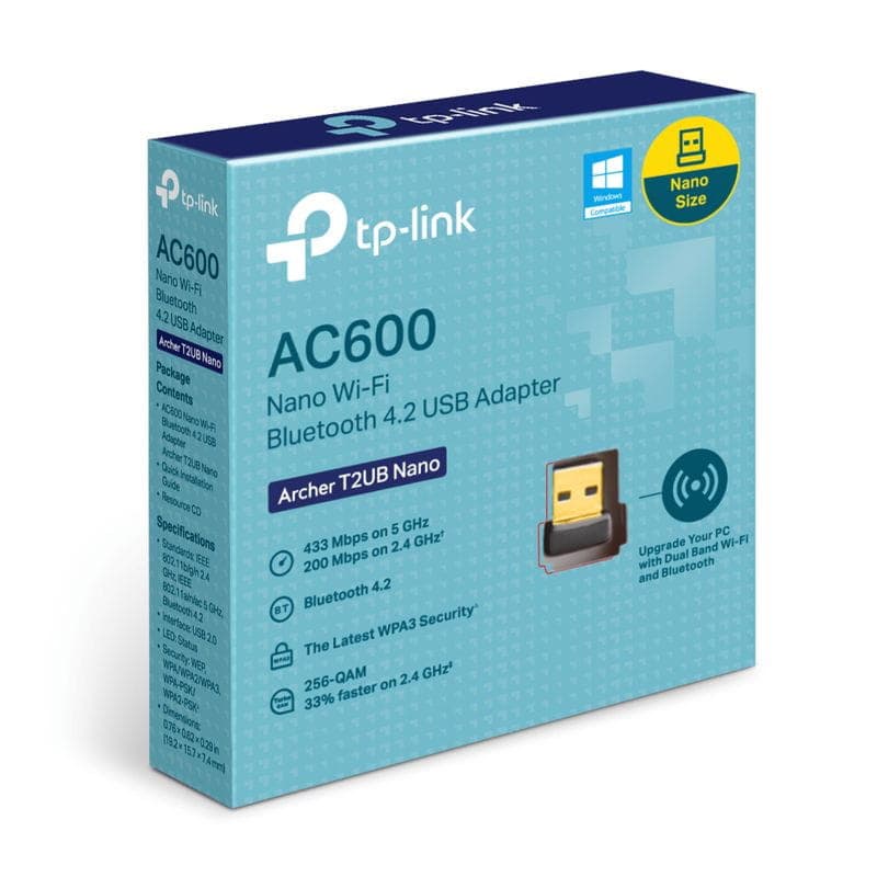 TP-Link Archer T2UB Nano Adaptador USB AC600 com Wi‑Fi e Bluetooth 4.2, design compacto nano, dongle USB preto com acabamento dourado e LED indicador