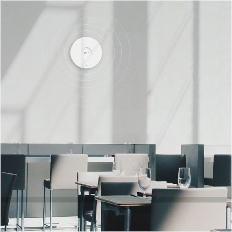 TP-Link Omada EAP653 Plafond - Point d’accès Wi-Fi 6 blanc, rond et discret, logo centré, LED d’état bleue, design plafond épuré pour intégration pro - Ítem7