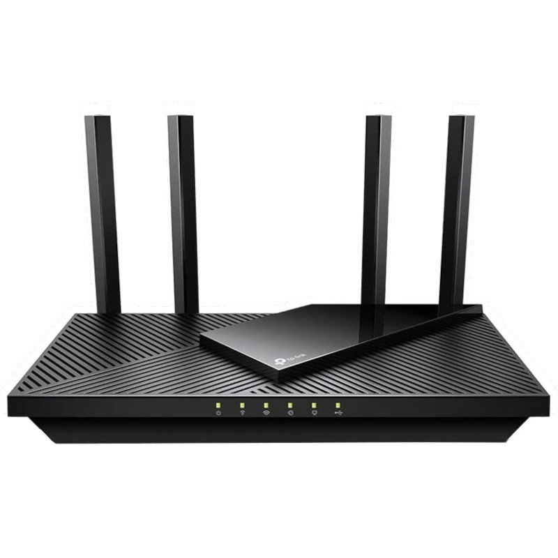 TP-Link Archer AX55 Pro Router Wi-Fi 6 en negro con cuatro antenas externas, luces LED frontales de estado y diseño superior ranurado geométrico - Ítem