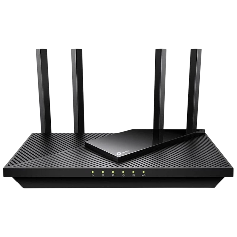 TP-Link Archer AX55 Pro - Router Wi-Fi 6 preto com quatro antenas externas, corpo retangular com grelhas diagonais e LEDs frontais de status - Item