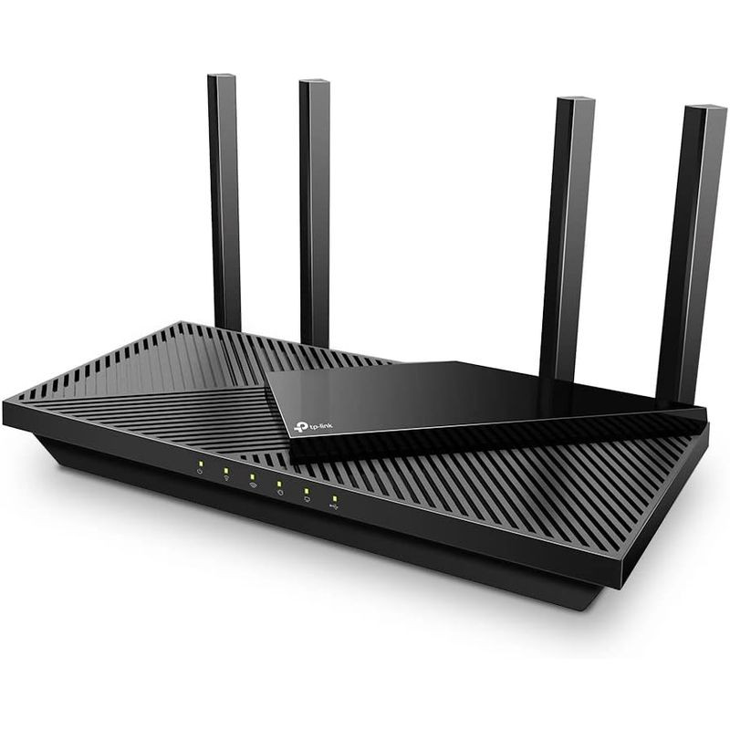 TP-Link Archer AX55 Pro Router Wi-Fi 6 en negro con cuatro antenas externas, luces LED frontales de estado y diseño superior ranurado geométrico - Ítem1