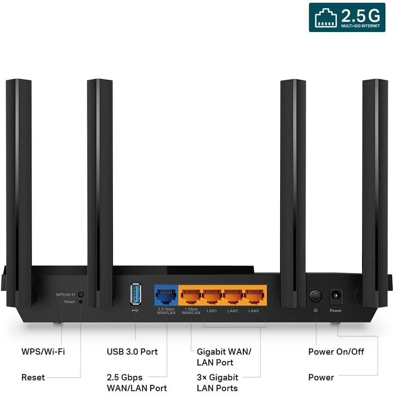 TP-Link Archer AX55 Pro Router Wi-Fi 6 en negro con cuatro antenas externas, luces LED frontales de estado y diseño superior ranurado geométrico - Ítem2
