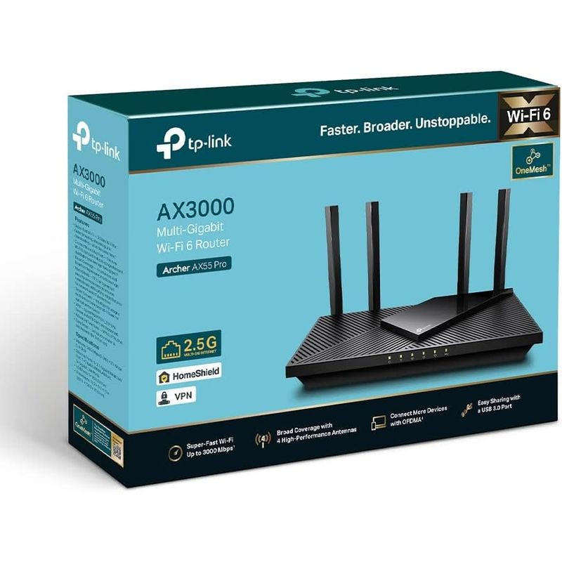 TP-Link Archer AX55 Pro Router Wi-Fi 6 en negro con cuatro antenas externas, luces LED frontales de estado y diseño superior ranurado geométrico - Ítem7