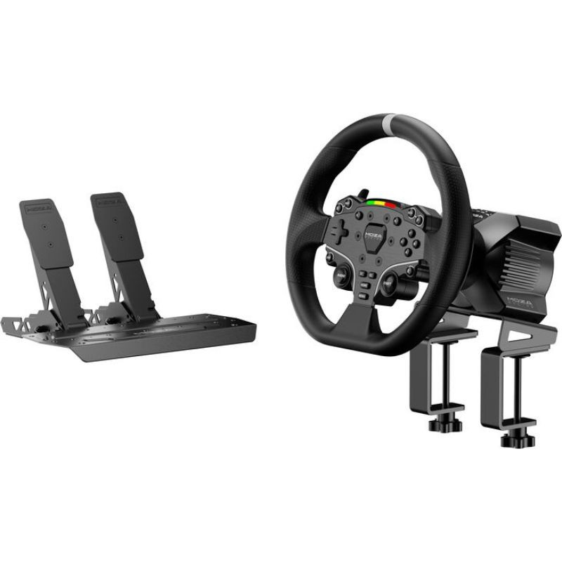 Moza Racing RS074 Preto com volante ergonômico, botões iluminados, paddle shifters metálicos, base robusta com fixação de mesa e pedais duplos ajustáveis - Item