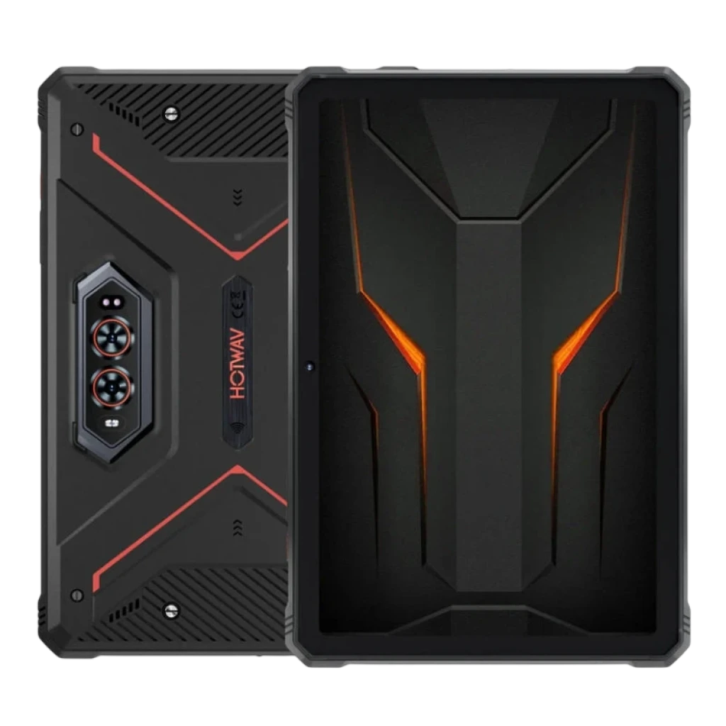 Hotwav R9 Ultra 11 8GB 512GB 5G em vermelho robusto, corpo resistente com detalhes laranja, traseira com módulo de câmera tripla e tela ampla sem bordas