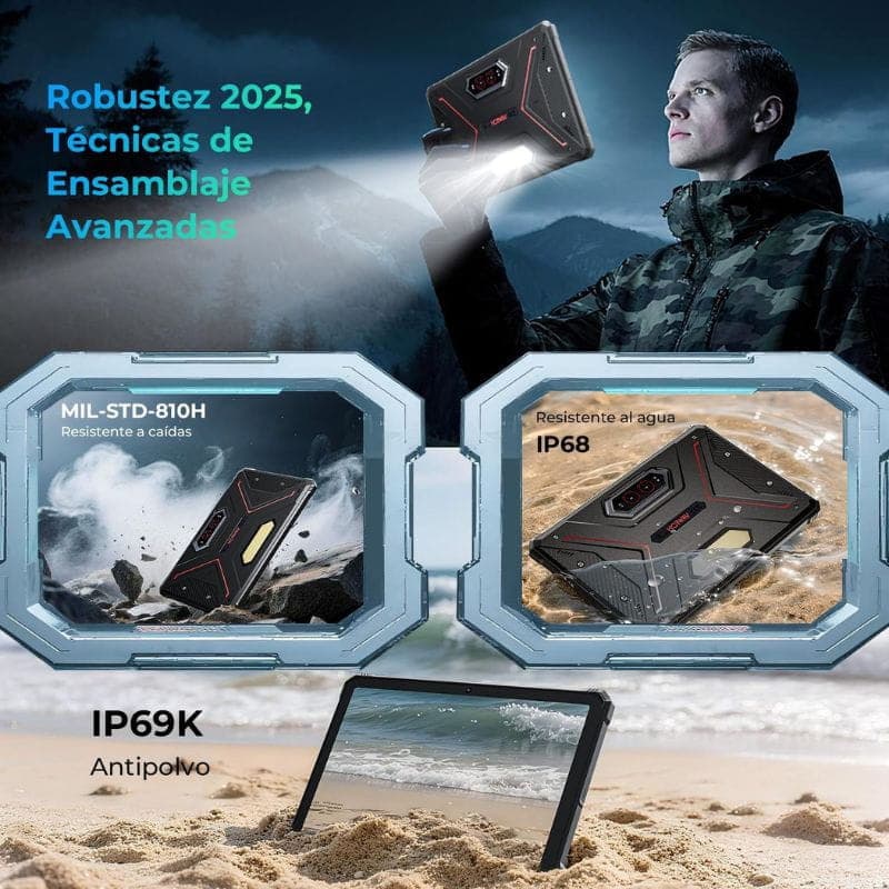 Hotwav R9 Ultra 5G preto, tablet robusto 11 pol com capa reforçada, luz LED, câmeras traseiras, resistência MIL‑STD‑810H, IP68 e IP69K contra água e
