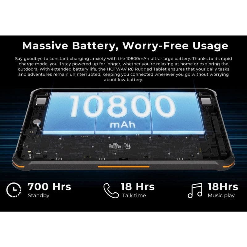 Tablet rugged Hotwav R8 10.1 pol Preto com câmeras 13MP traseira e 5MP frontal, tela grande com bordas robustas e design resistente em preto e laranja