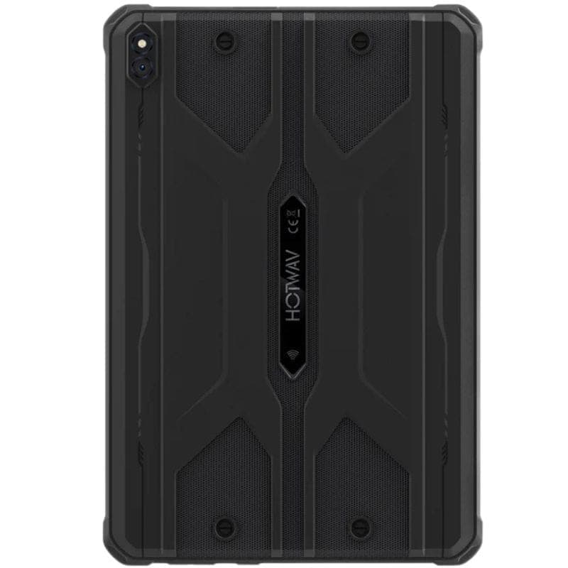 Tablet rugged preto com traseira robusta em borracha e metal, cantos reforçados, módulo de câmera vertical e parafusos visíveis para maior durabilidade