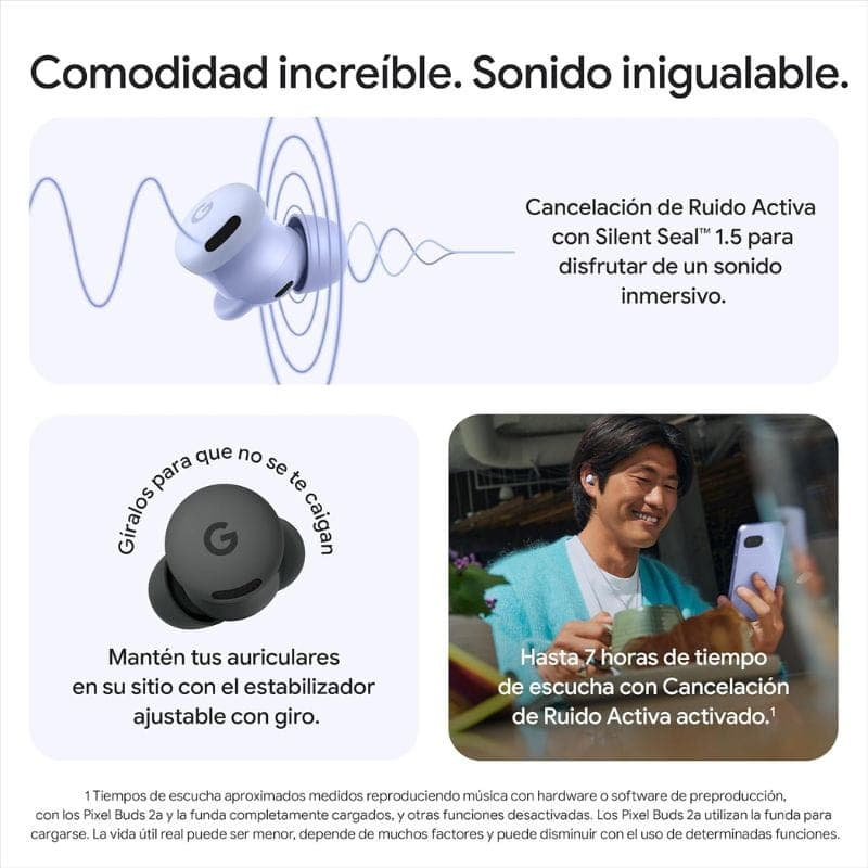 Google Pixel Buds 2a Gris: écouteurs intra-auriculaires compacts avec ailettes de maintien, boîtier arrondi, embouts silicone et design minimaliste gris.