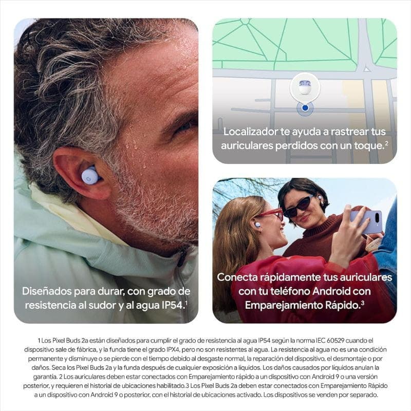 Google Pixel Buds 2a Gris: écouteurs sans fil compacts, embouts intra-auriculaires, boîtier assorti, résistance IP54, design minimaliste et discret.