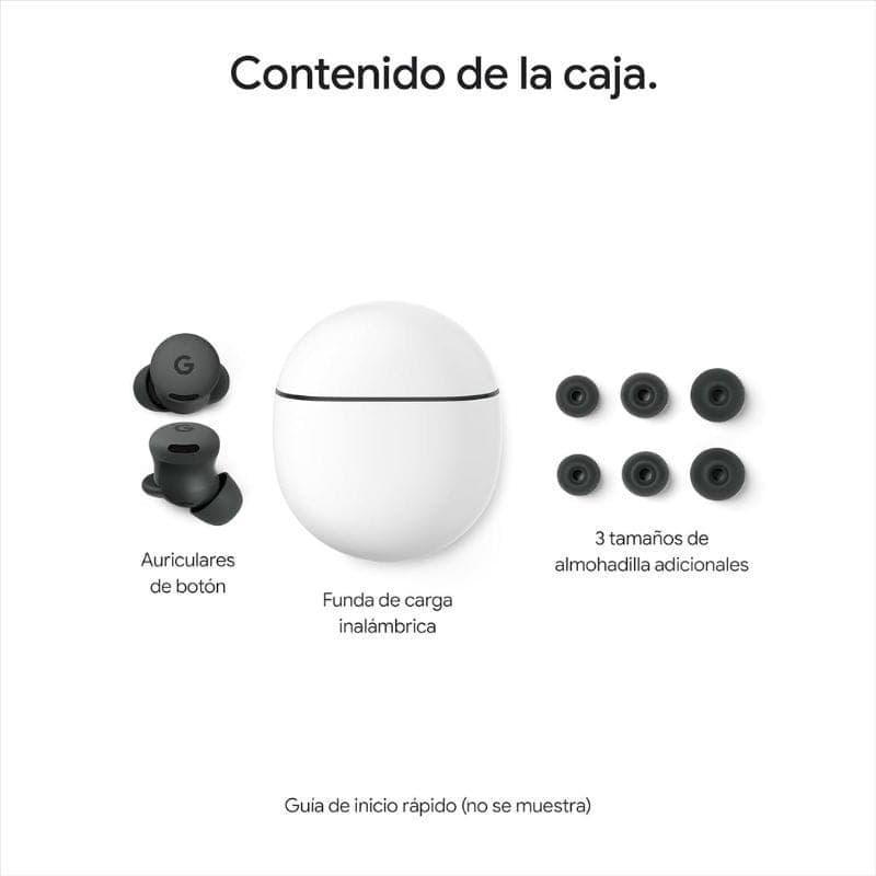 Google Pixel Buds 2a Gris: écouteurs bouton gris avec logo G, boîtier de charge blanc sans fil, 3 tailles d’embouts noirs pour ajustement confortable.