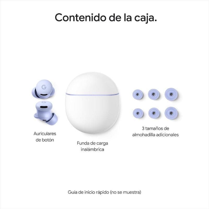 Google Pixel Buds 2a Pourpre: écouteurs bouton pourpres, boîtier de charge blanc arrondi, embouts silicone en 3 tailles assorties, design minimaliste.
