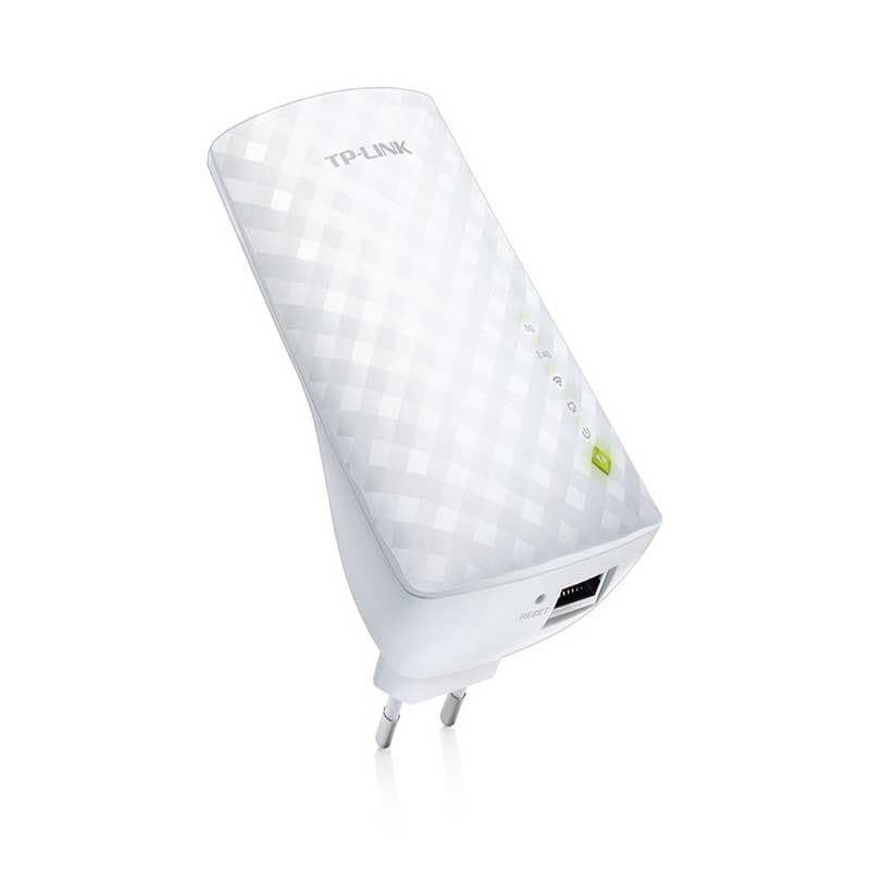 Repetidor TP-Link RE200 AC750 branco, compacto, plugue europeu, padrão xadrez fosco, LEDs de status laterais, botão WPS e porta Ethernet frontal