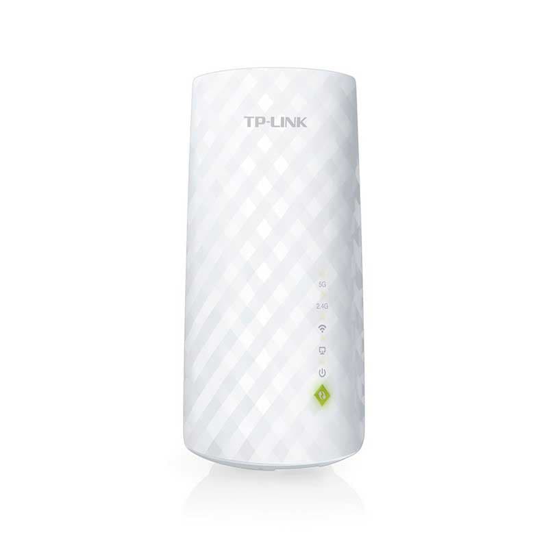 TP-Link RE200 Coverage Extender Universal AC750 Wi-Fi, corpo branco texturizado, LEDs de status verticais, botão WPS iluminado, design compacto para tomada
