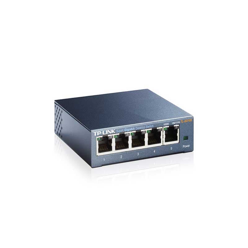 TP-Link TL-SG105 switch desktop 5 ports Gigabit, boîtier métal compact noir, voyants LED, ports numérotés en façade, prise d’alimentation latérale