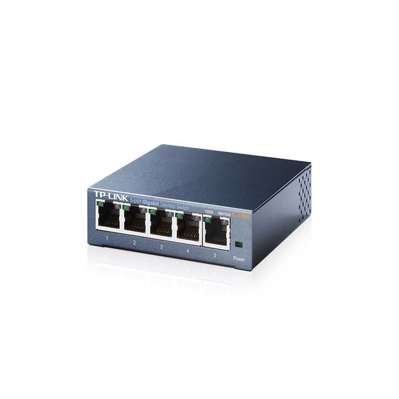 TP-Link TL-SG105 vers Desktop Switch compact métal, 5 ports Gigabit RJ45 en façade, LED d’état par port, boîtier gris foncé robuste et stable