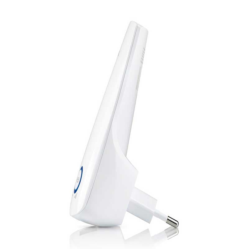 Extensor Wi-Fi TP-LINK TL-WA850RE blanco, compacto, enchufe europeo, diseño vertical delgado, botón WPS iluminado y ranuras de ventilación laterales