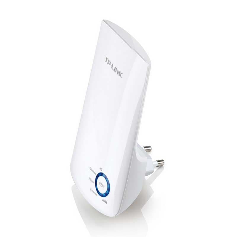 Extensor Wi‑Fi TP-LINK TL‑WA850RE blanco, compacto de pared con enchufe europeo, botón WPS iluminado y LED de señal, acabado brillante y bordes curvos