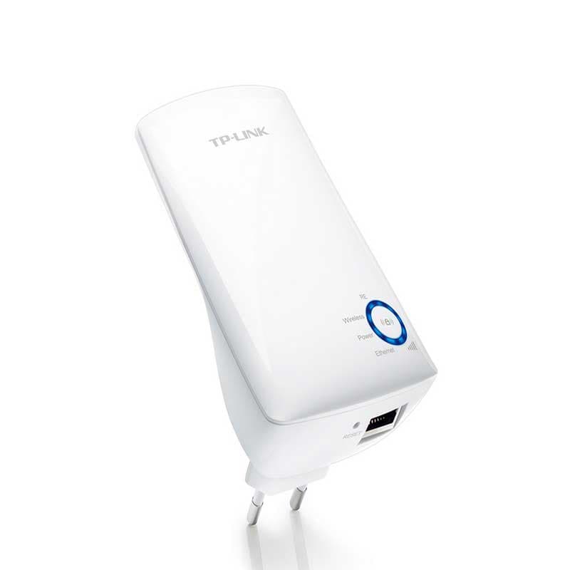 TP-LINK TL-WA850RE extensor Wi-Fi blanco 300 Mbps con enchufe integrado, botón WPS iluminado en azul, indicadores LED frontales y puerto Ethernet LAN
