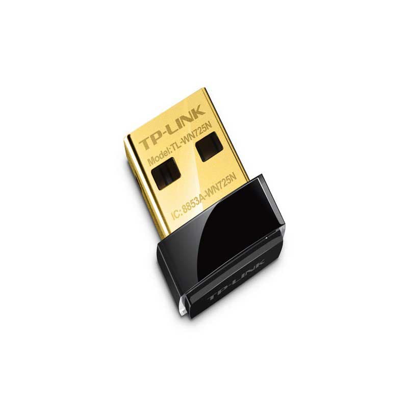 Adaptador USB TP-Link TL-WN722N nano em dourado e preto, conector USB metálico e corpo compacto brilhante, ideal para conexão Wi‑Fi 150 Mbps