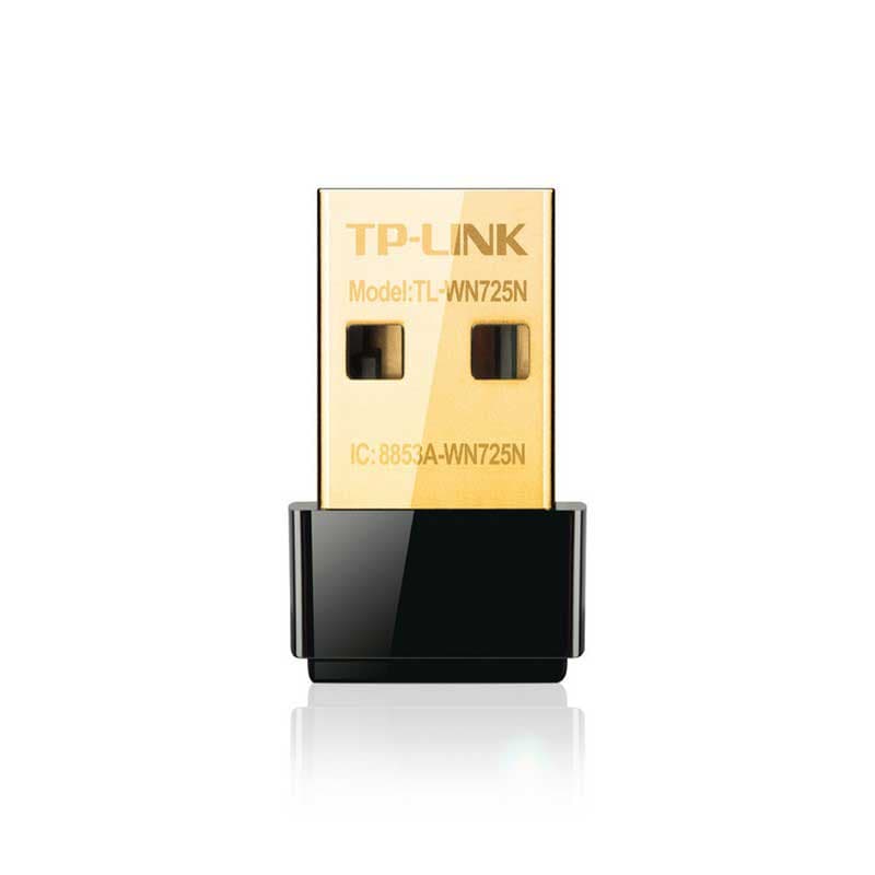 Adaptador USB TP-Link TL-WN722N nano dourado com conector USB e base preta brilhante; design compacto para rede sem fio 150Mbps