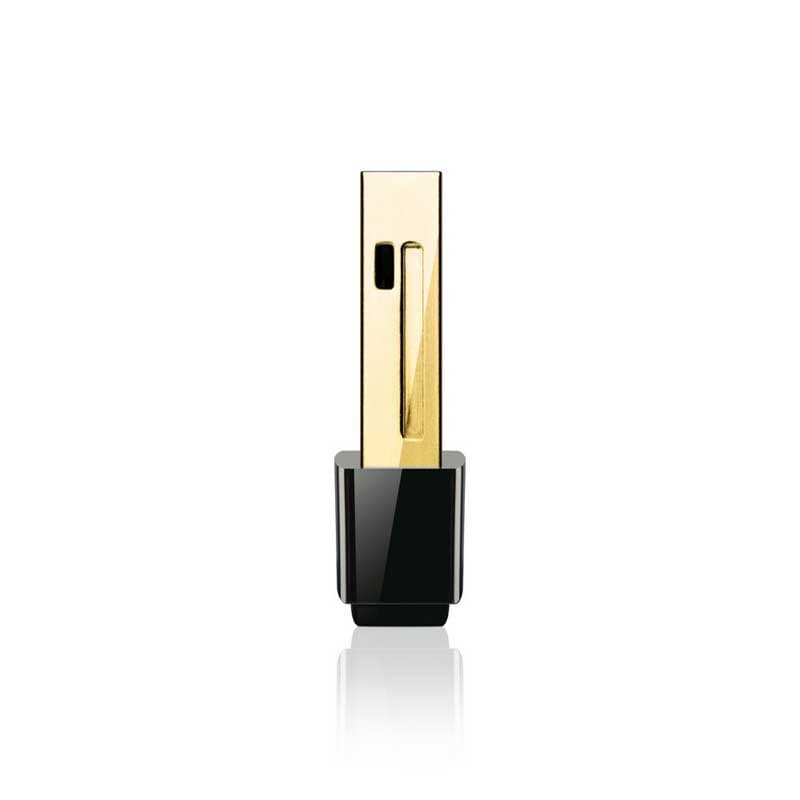 Adaptador USB nano TP-Link TL-WN722N 150Mbps com conector dourado e corpo preto brilhante; design compacto e minimalista, ideal para laptops e PCs