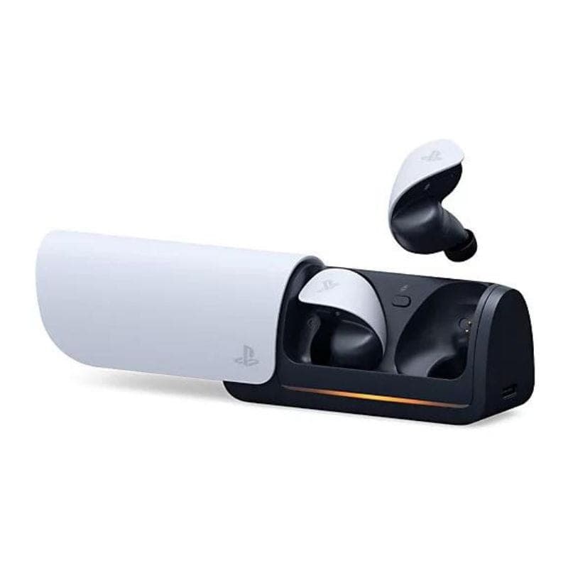 Auricular sem fios Sony PULSE Explore para PS5 - Imagem do auricular Bluetooth com vista lateral da base de carregamento