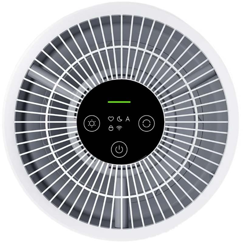 Vue supérieure du Purificateur dAir Xiaomi Smart Air Purifier 4 Compact avec grille circulaire blanche, panneau tactile noir central et icônes LED WiFi et