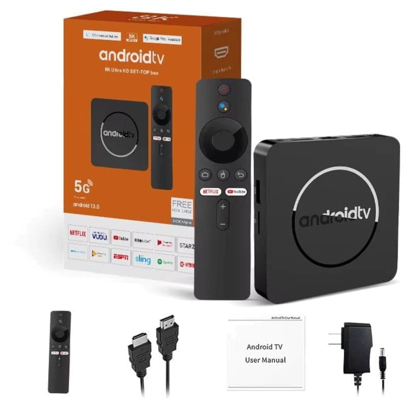 Boîtier Android TV noir Q1 ATV H313 8K avec télécommande, ports HDMI, câble et adaptateur secteur; interface Android 10, logos Netflix et YouTube visibles