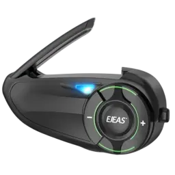 Intercomunicador EJEAS Q8 com botão circular iluminado, aro verde e tecla de volume mais. Design preto aerodinâmico com LED azul indicador