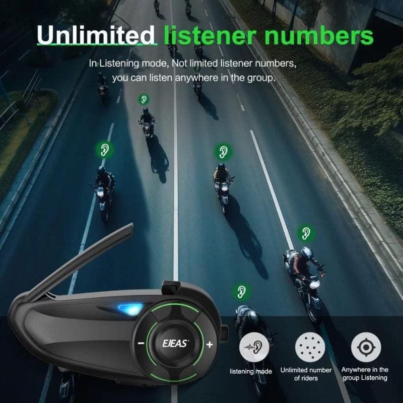 EJEAS Q8 Mesh Intercomunicador de Moto Bluetooth para 6 motociclistas com antena retrátil, botões + e -, LED indicador e design preto compacto