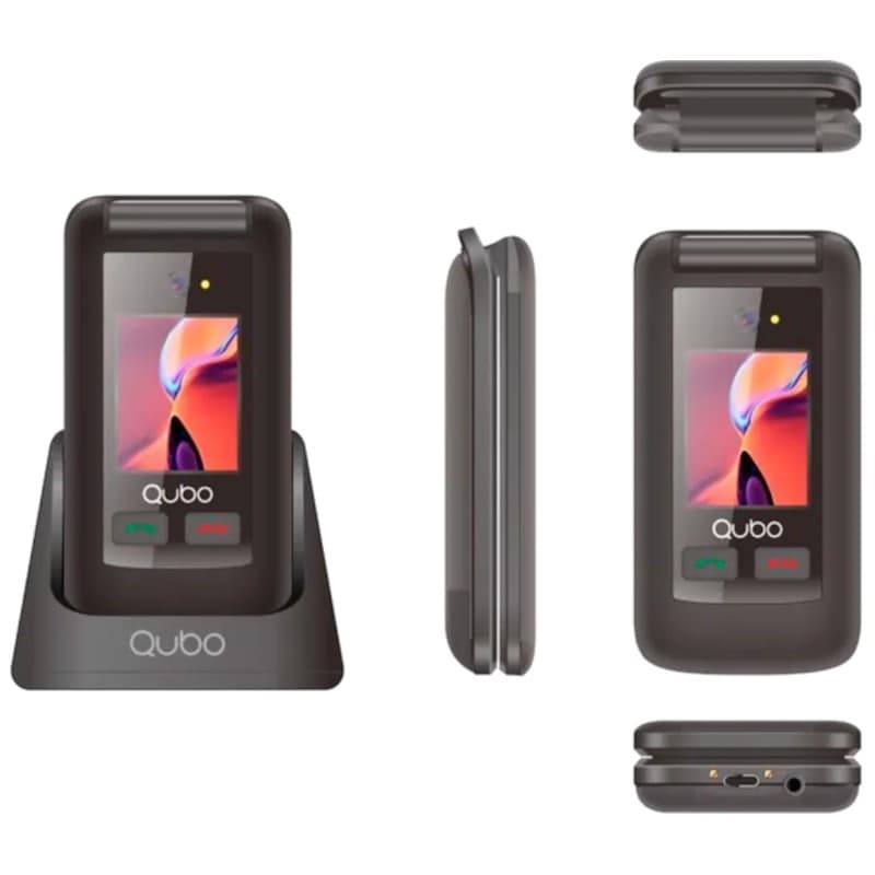 Qubo X-247BL Preto - Telemóvel para Idosos Vista frontal, superior e inferior e a sua base de carregamento