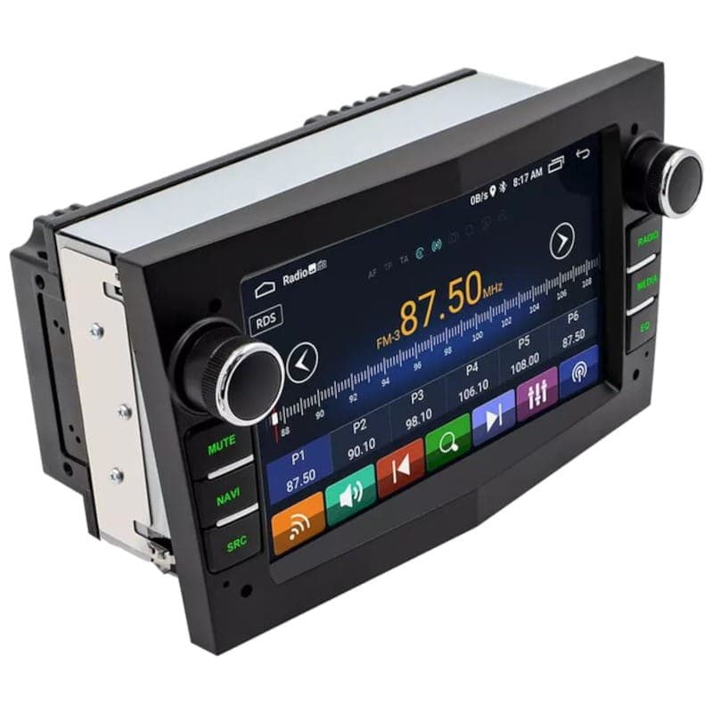 Autoradio 2 DIN S-OB7A 2GB/64GB Opel en negro con pantalla táctil amplia, perillas metálicas, botones laterales iluminados, CarPlay y Android Auto