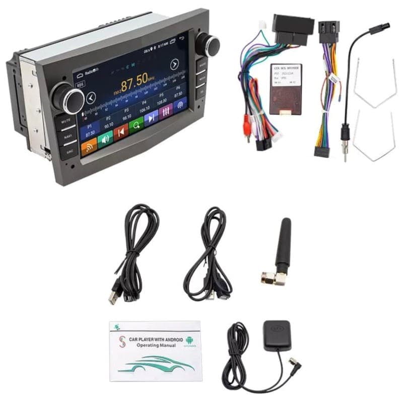 Autoradio 2 DIN S-OB7A 2GB/64GB Opel Carplay Android Auto Negro con pantalla táctil, mandos laterales, arnés de cables, antena, USB, GPS y manual