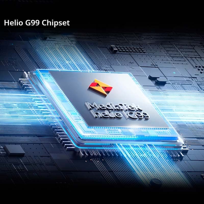 Chipset Helio G99 em destaque com iluminação azul e traços tecnológicos, simbolizando desempenho rápido e eficiência para o Tablet Realme Pad 2 6GB/128GB