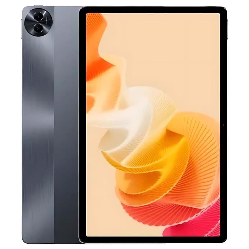 Tablet Realme Pad 2 6GB/128GB cinzento com ecrã 2K 11,5 pol, molduras finas e câmara traseira circular; design metálico elegante e moderno